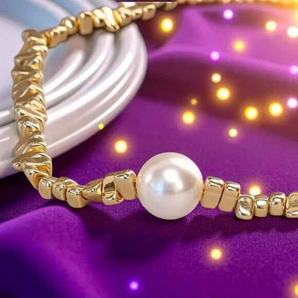 🆕 Chunky Statement Necklace Gold Plated Stainless Steel Crushed Stone Pearl - Picture 1 of 16